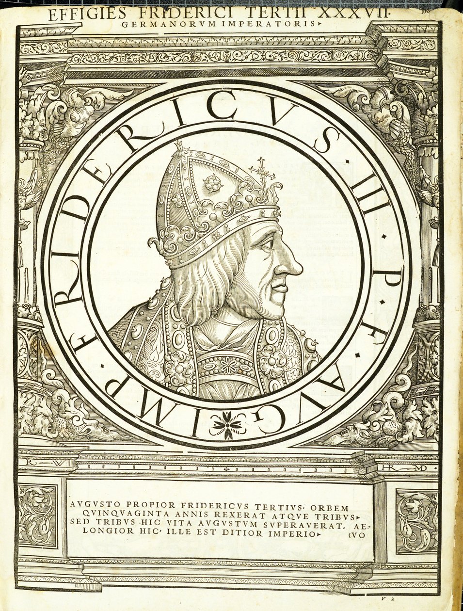 III. Friedrich, Kelet és Nyugat római császárainak illusztrációja, az ókori érmék leghitelesebb képeivel, Rudolph Wyssenbach fametszete, Andreas Gesner nyomda, Zürich alkotó: Hans Rudolf Manuel Deutsch