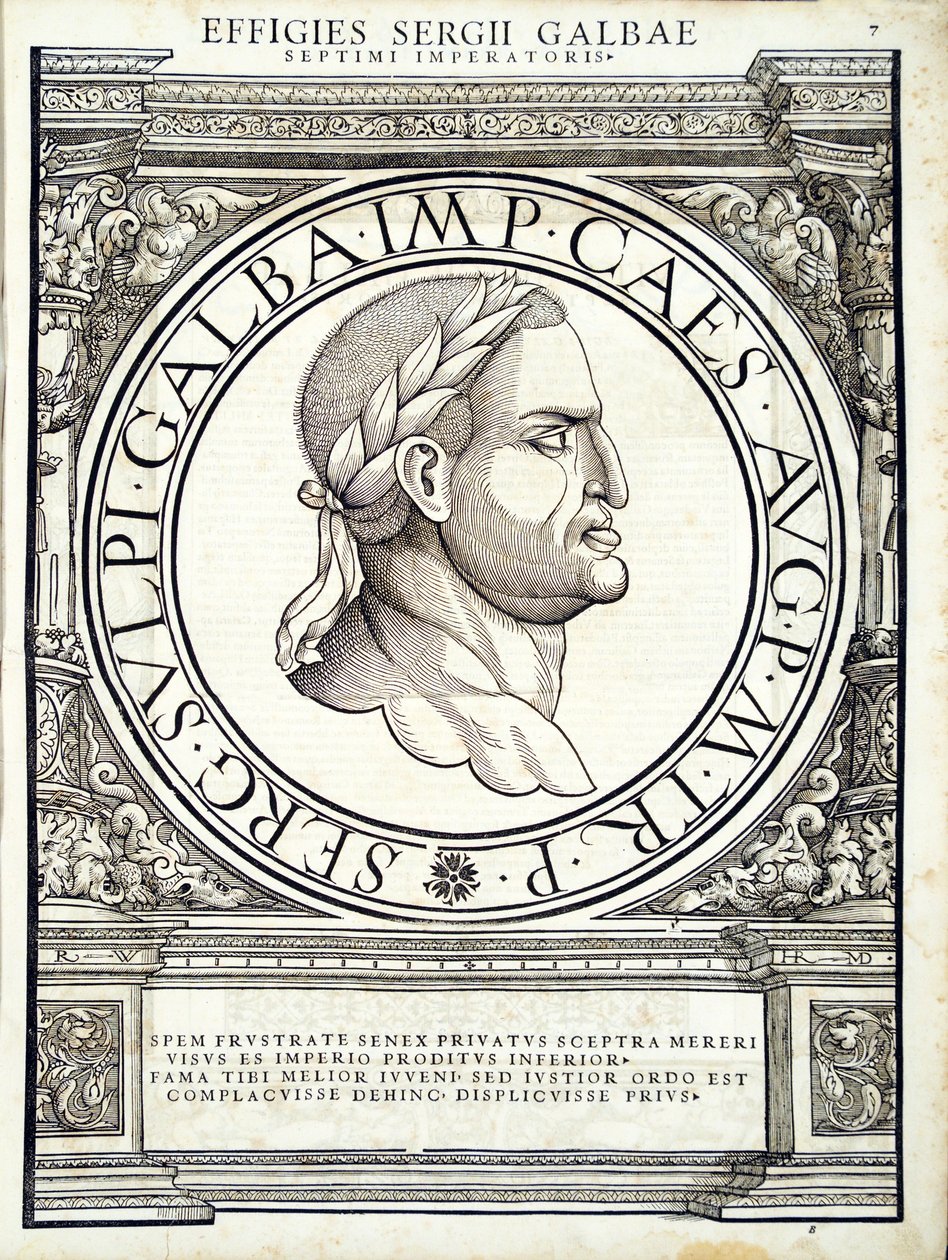 Galba, illusztráció a keleti és nyugati ókori római császárok leghitelesebb képeiből, Rudolph Wyssenbach fametszete, nyomta Andreas Gesner, Zürich, 1559 wo alkotó: Hans Rudolf Manuel Deutsch