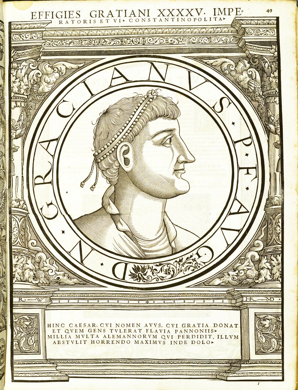 Gratianus, illusztráció az egész kelet és nyugat római császáraitól, az ókori érmék leghitelesebb képeivel, Rudolph Wyssenbach fametszete, Andreas Gesner nyomtatása, Zürich, 155 alkotó: Hans Rudolf Manuel Deutsch