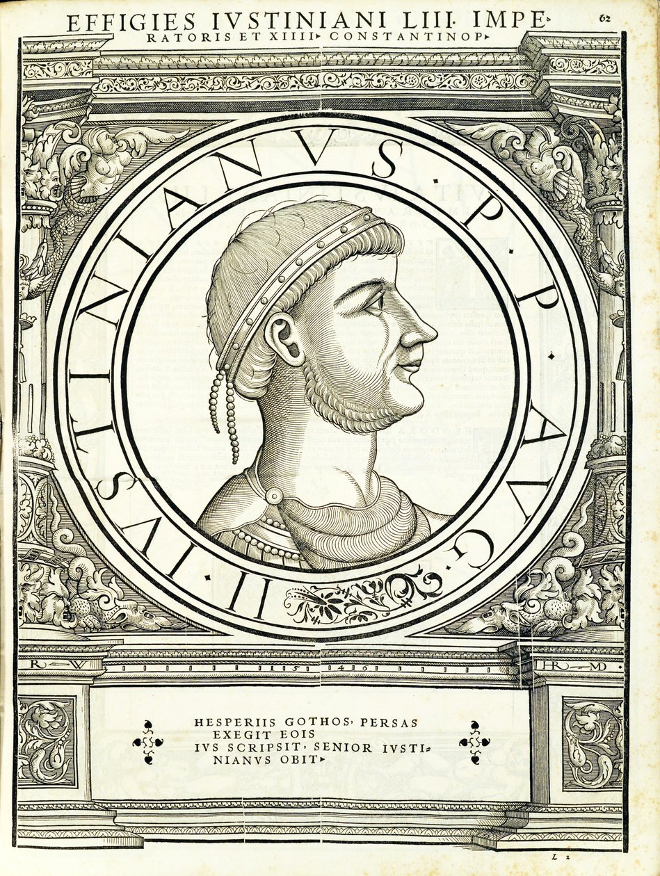 Iustinianus I, illusztráció az "Imperatorum romanorum omnium orientalium et occidentalium verissimae imagines ex antiquis numismatis" című kötetből, Rudolph Wyssenbach fametszete, Andreas Gesner nyomdája, Zuric. alkotó: Hans Rudolf Manuel Deutsch