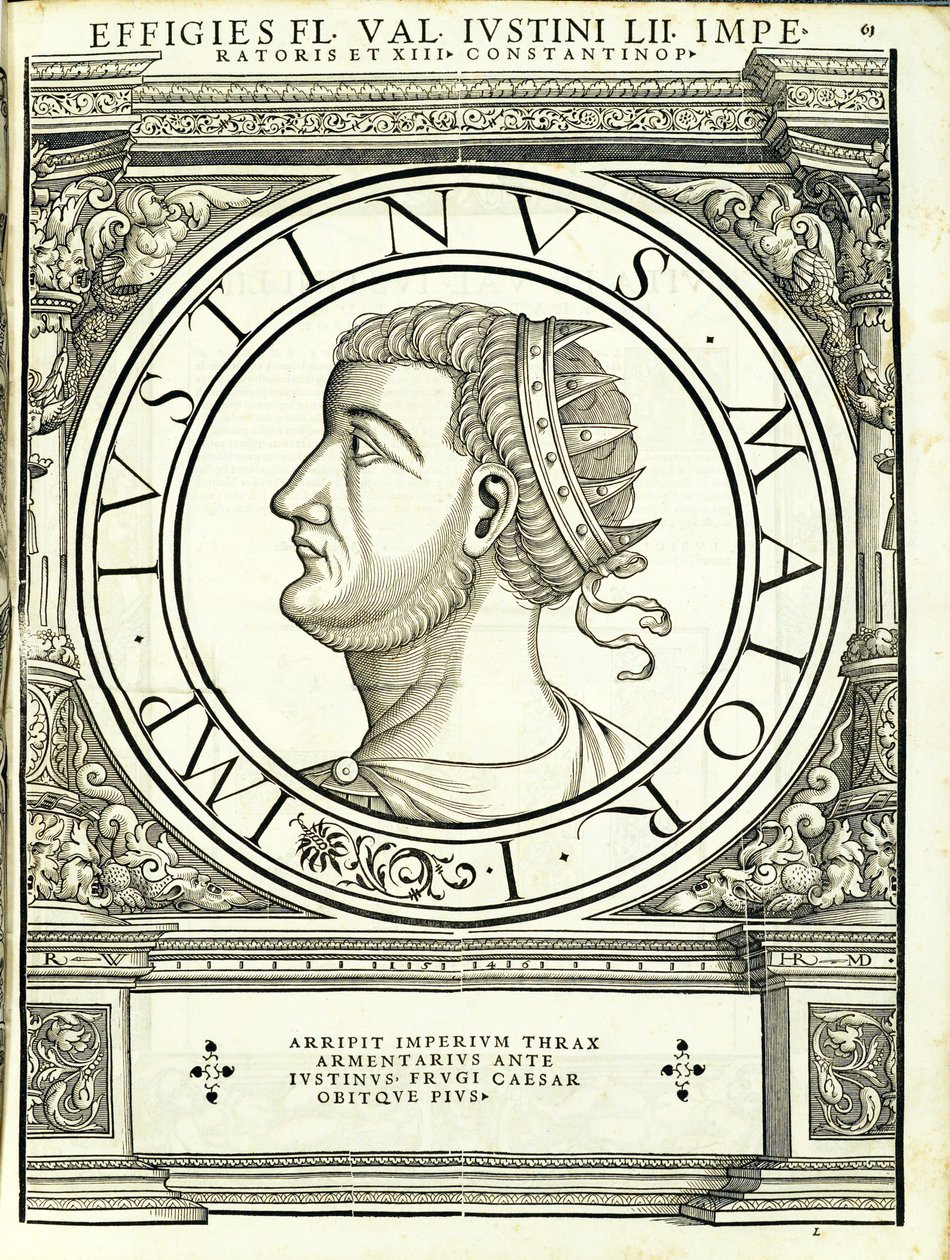 Justinus, illusztráció a „Minden Kelet és Nyugat római császárai” c. alkotó: Hans Rudolf Manuel Deutsch