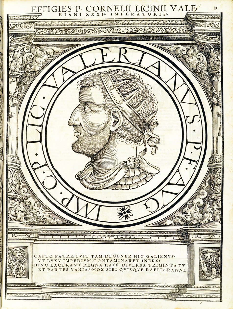 Licinius Valerianus, illusztráció az "Imperatorum romanorum omnium orientalium et occidentalium verissimae imagines ex antiquis numismatis" című kötetből, Rudolph Wyssenbach fametszete, Andreas Gesner nyomdája, alkotó: Hans Rudolf Manuel Deutsch