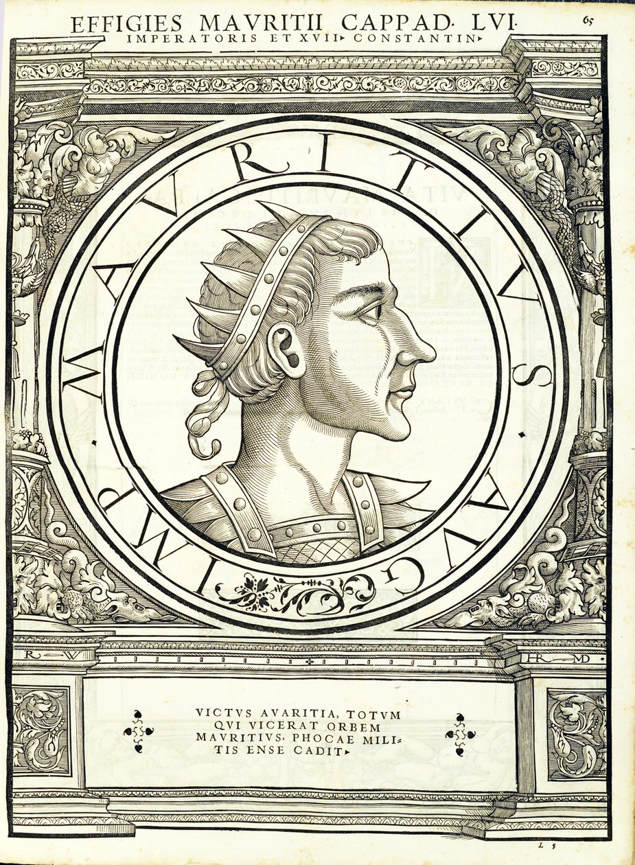 Mauritius, illusztráció az "Imperatorum romanorum omnium orientalium et occidentalium verissimae imagines ex antiquis numismatis"-ból, Rudolph Wyssenbach fametszete, Andreas Gesner nyomdája, Zürich, 1 alkotó: Hans Rudolf Manuel Deutsch