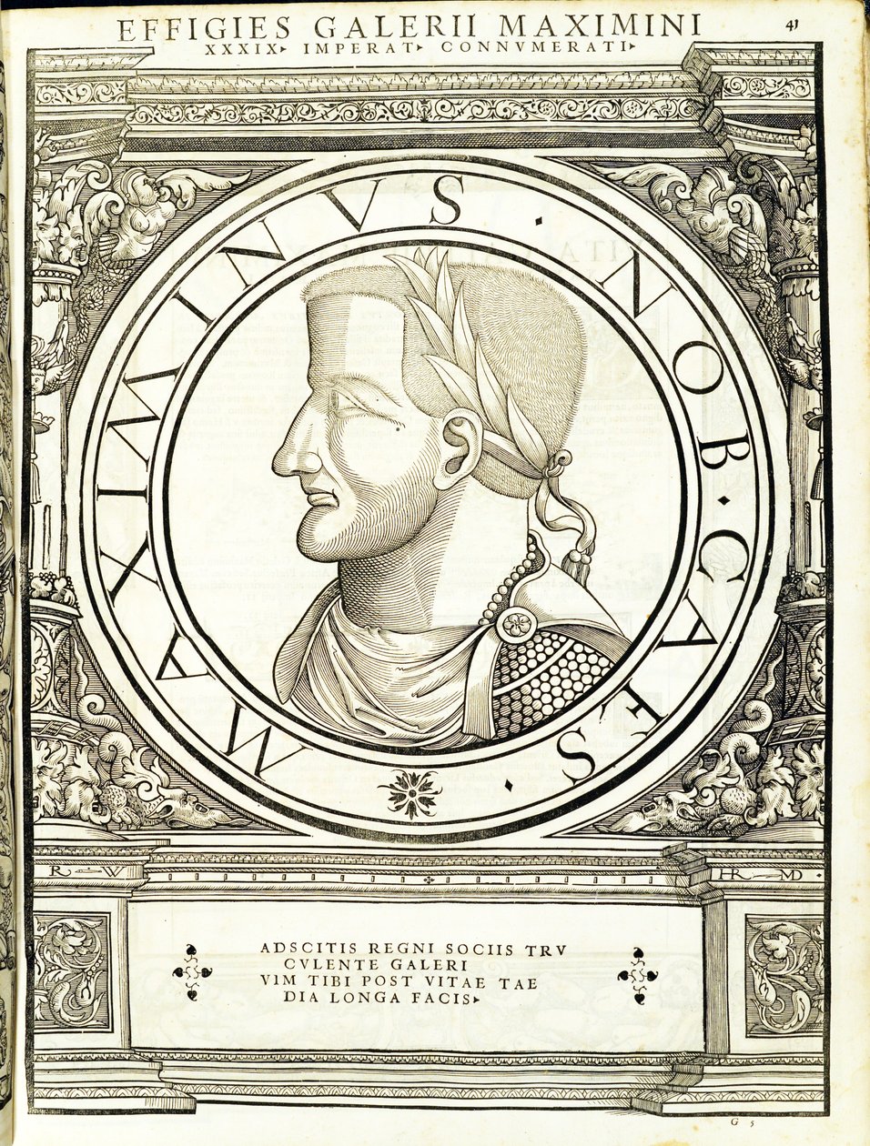 Maximinus II, illusztráció „A teljes kelet és nyugat római császárai”, Rudolph Wyssenbach fametszete, nyomta: Andreas Gesner, Zürich alkotó: Hans Rudolf Manuel Deutsch