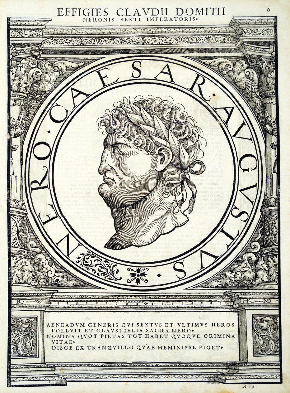 Nero, illusztráció a „Kelet és Nyugat római császáraiból”, Rudolph Wyssenbach fametszete, Andreas Gesner, Zürich, 1559 alkotó: Hans Rudolf Manuel Deutsch