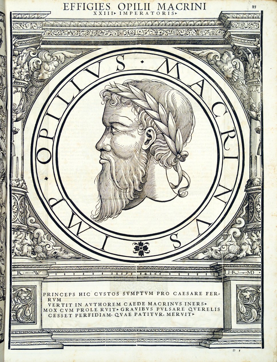 Opilius Macrinus, illusztráció az "Imperatorum romanorum omnium orientalium et occidentalium verissimae imagines ex antiquis numismatis" című kötetből, Rudolph Wyssenbach fametszete, Andreas Gesner, Zu nyomda alkotó: Hans Rudolf Manuel Deutsch