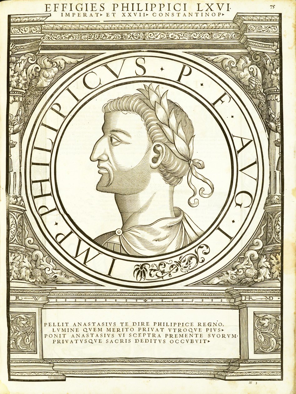 Philippicus, Kelet és Nyugat római császárainak illusztrációja az ókori érmék leghitelesebb képeivel, Rudolph Wyssenbach fametszete, Andreas Gesner nyomda, Zürich, 1 alkotó: Hans Rudolf Manuel Deutsch