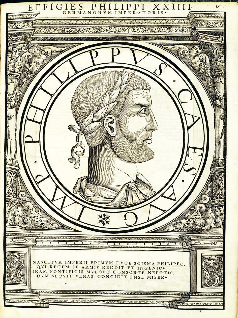 Philippus, illusztráció az Imperatorum romanorum omnium orientalium et occidentalium verissimae imagines ex antiquis numismatis című kötetből, Rudolph Wyssenbach fametszete, Andreas Gesner nyomdája, Zürich, 155 alkotó: Hans Rudolf Manuel Deutsch