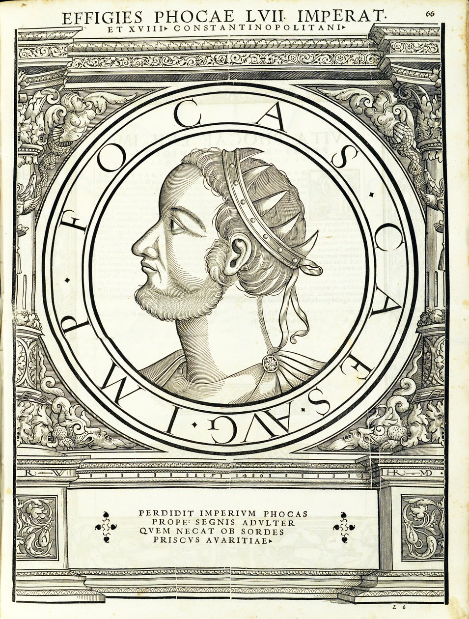 Phocas, illusztráció az egész kelet és nyugat római császáraitól, az ókori érmék leghitelesebb képeivel, Rudolph Wyssenbach fametszete, Andreas Gesner nyomtatása, Zürich, 1559 alkotó: Hans Rudolf Manuel Deutsch
