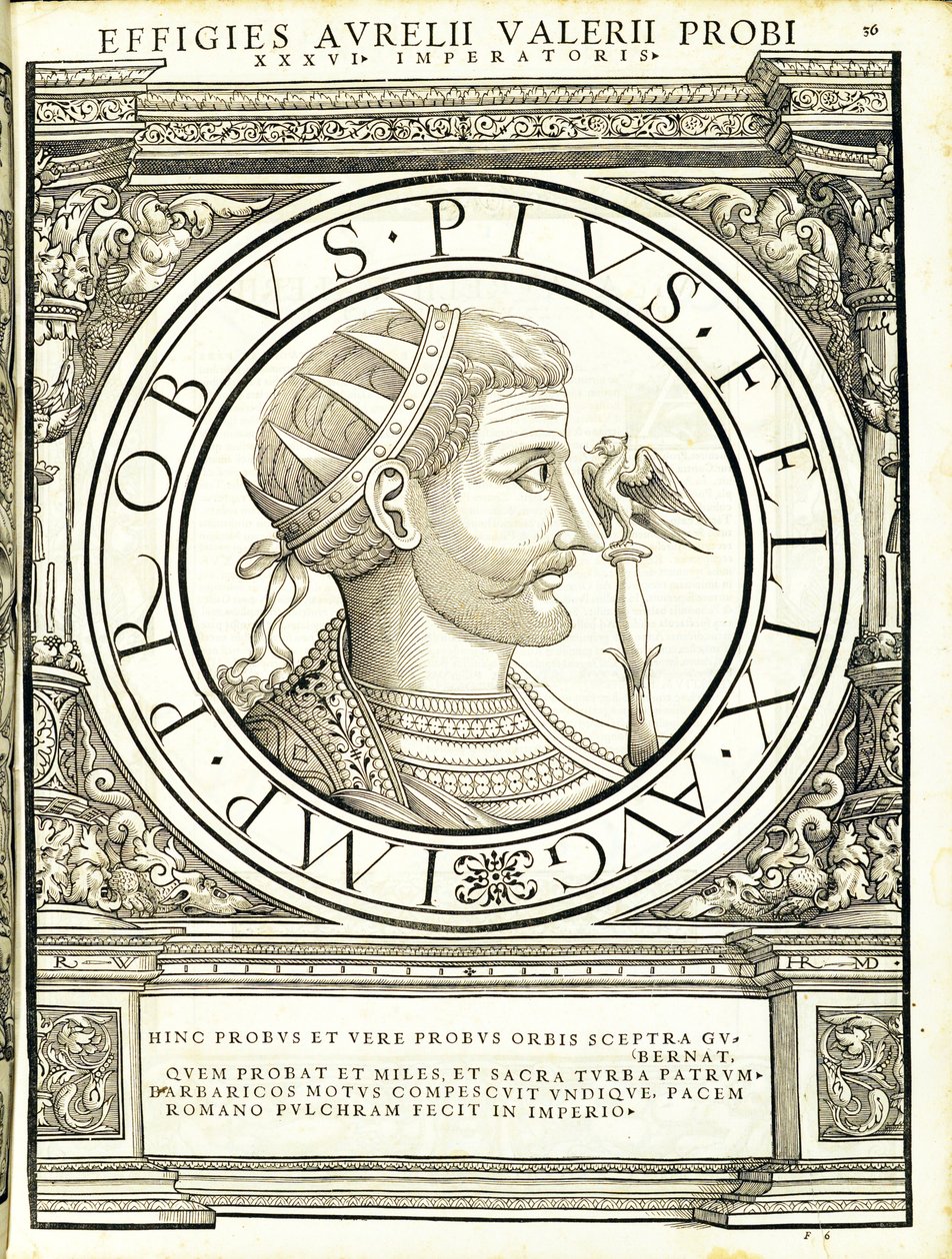 Probus, illusztráció az "Imperatorum romanorum omnium orientalium et occidentalium verissimae imagines ex antiquis numismatis"-ból, Rudolph Wyssenbach fametszete, Andreas Gesner nyomdája, Zürich, 1559. alkotó: Hans Rudolf Manuel Deutsch