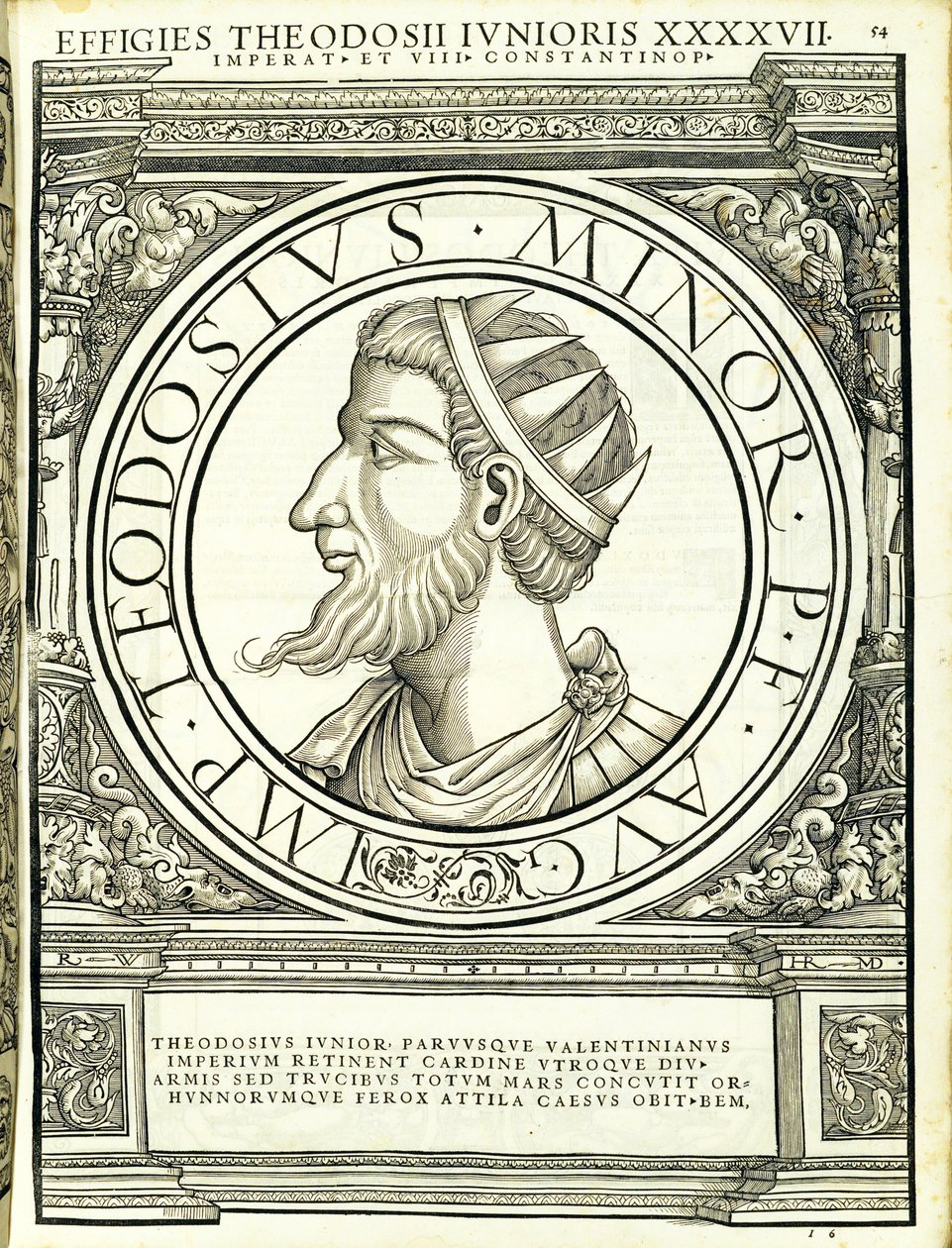 Fiatalabb Theodosius, illusztráció a „Minden Kelet és Nyugat római császárai” című könyvből, Rudolph Wyssenbach fametszete, nyomta: Andreas Gesner, Z alkotó: Hans Rudolf Manuel Deutsch