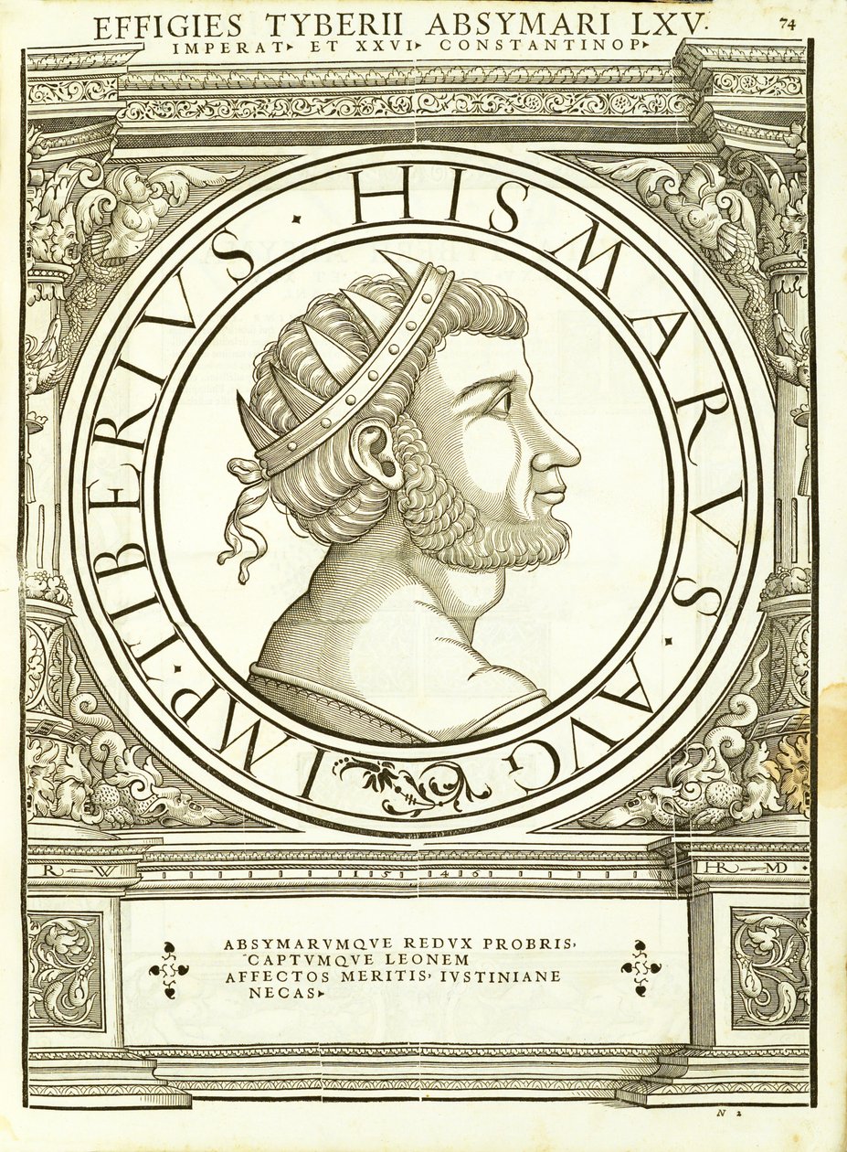 Tiberius Absymarus, Kelet és Nyugat római császárainak illusztrációja az ókori érmék leghitelesebb képeivel, Rudolph Wyssenbach fametszete, nyomta Andreas Gesner, Zu alkotó: Hans Rudolf Manuel Deutsch