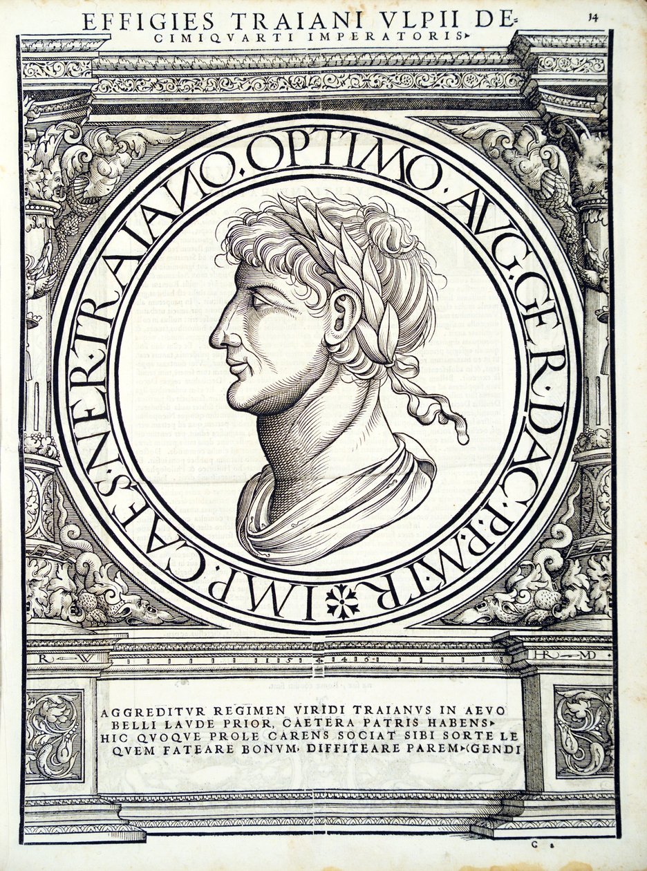 Traianus, illusztráció a „Minden kelet és nyugat római császárai”, Rudolph Wyssenbach fametszete, nyomta: Andreas Gesner, Zürich, 15 alkotó: Hans Rudolf Manuel Deutsch