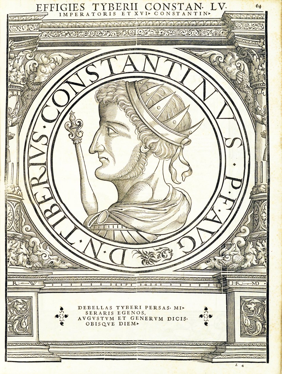 Tyberius Constantinus, illusztráció az Imperatorum romanorum omnium orientalium et occidentalium verissimae imagines ex antiquis numismatis című kötetből, Rudolph Wyssenbach fametszete, Andreas Gesner nyomdája, alkotó: Hans Rudolf Manuel Deutsch