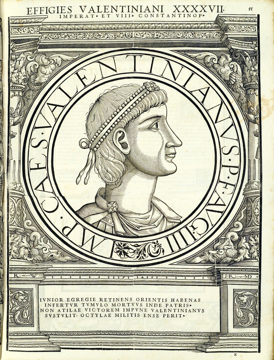 III. Valentinianus, illusztráció az ókori keleti és nyugati római császárok leghitelesebb képeiből, Rudolph Wyssenbach fametszete, nyomta Andreas Gesner, Zur alkotó: Hans Rudolf Manuel Deutsch