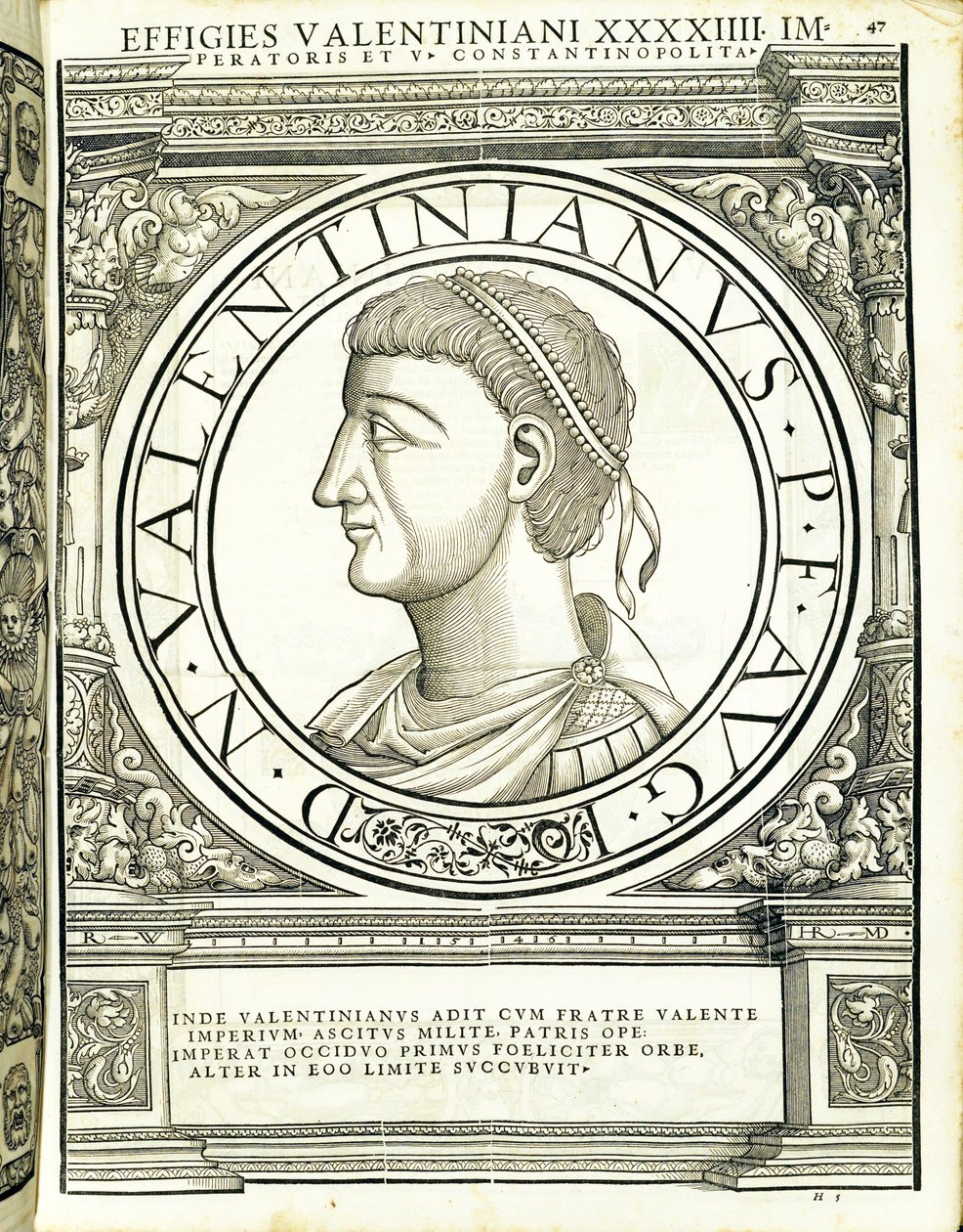 Valentinianus, illusztráció az ókori keleti és nyugati római császárok leghitelesebb képeiből, Rudolph Wyssenbach fametszete, Andreas Gesner nyomda, Zürich, alkotó: Hans Rudolf Manuel Deutsch