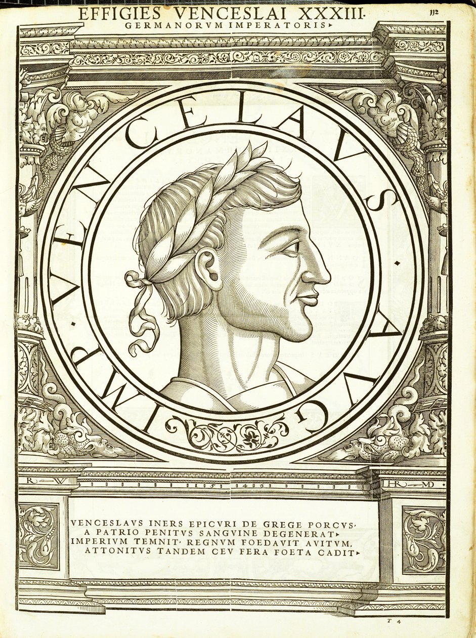 Vuenzeslaus, illusztráció: „A kelet- és nyugat-római császárok római császárai a legősibb érmék képeivel”, Rudolph Wyssenbach fametszete, nyomta Andreas Gesner, Zürich alkotó: Hans Rudolf Manuel Deutsch
