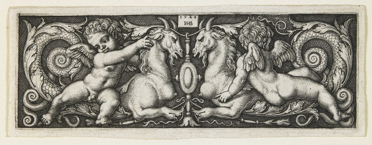 Dísz, két genii lovaglás két kimérán, 1544 alkotó: Hans Sebald Beham