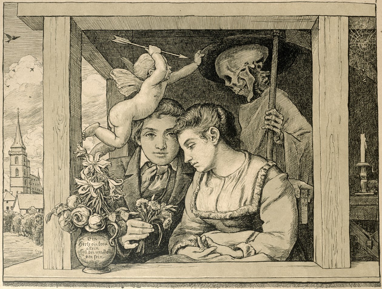 Reaper Death (Szerelem és halál, Az ifjú házasok) 1896 (metszet barna papírra) alkotó: Hans Thoma