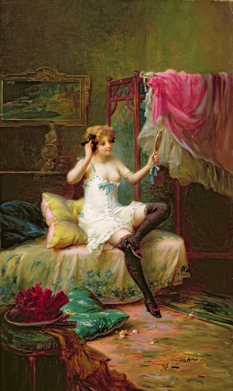 Egy lány tükörbe néz alkotó: Hans Zatzka