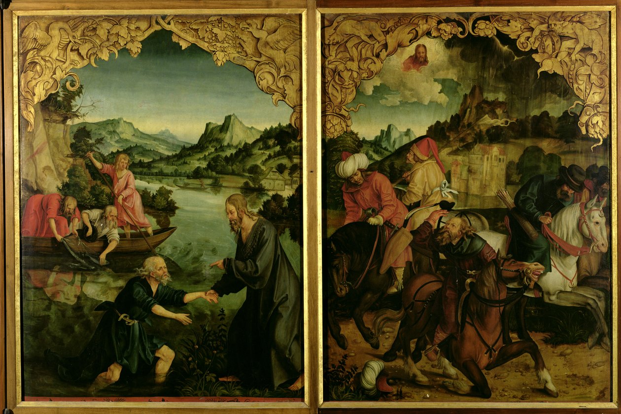Szent Péter és Pál oltárkép történetei: L-től R-ig mutató részlet, Szent Péter hivatása, Szent Pál megtérése (részlet) alkotó: Hans von Klumbach