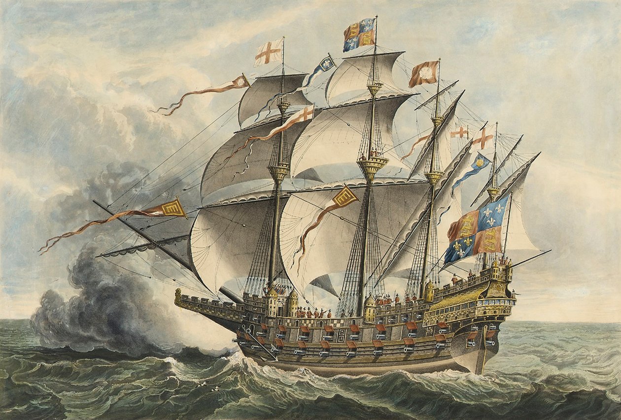 "The Great Harry Az első hadihajó, amely ágyúkat szállított, Woolwichban épült VIII. Henrik uralkodása idején. alkotó: Hans (after) Holbein the Younger