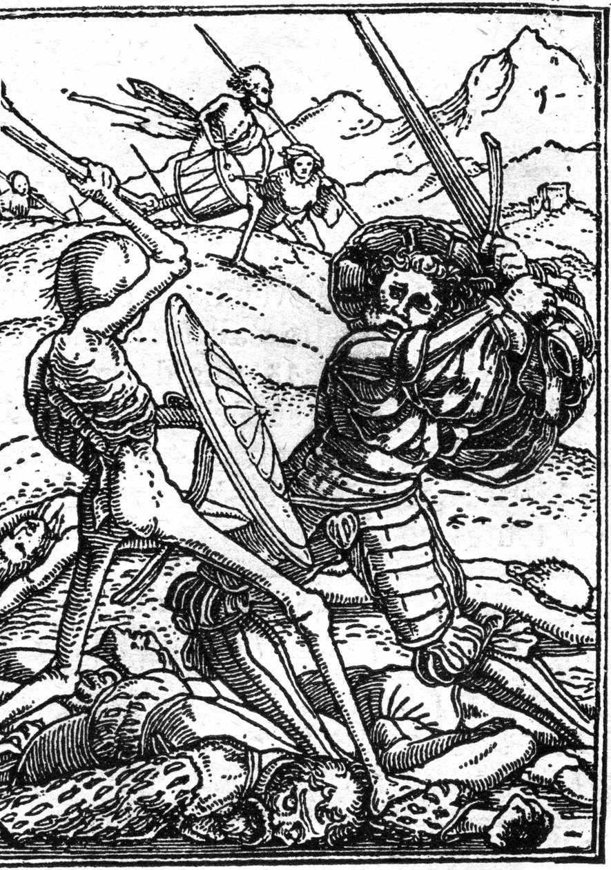Hans Holbein the Young (1497-1543): a katona álhalála. Egy katona harcol a halállal; lábuknál más harcosok testei hevernek. Metszés. alkotó: Hans (after) Holbein the Younger