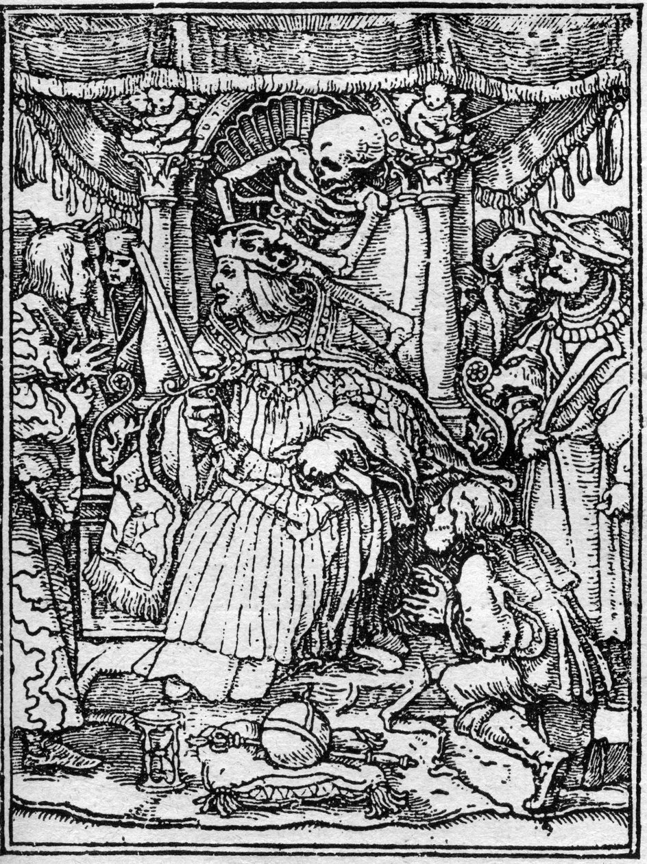 Ifjú Hans Holbein (1497-1543): a császár halálának szimulákonjai. Míg a Halál elveszi a császár koronáját, egy paraszt igazságszolgáltatásért könyörög tőle. Metszés. alkotó: Hans (after) Holbein the Younger