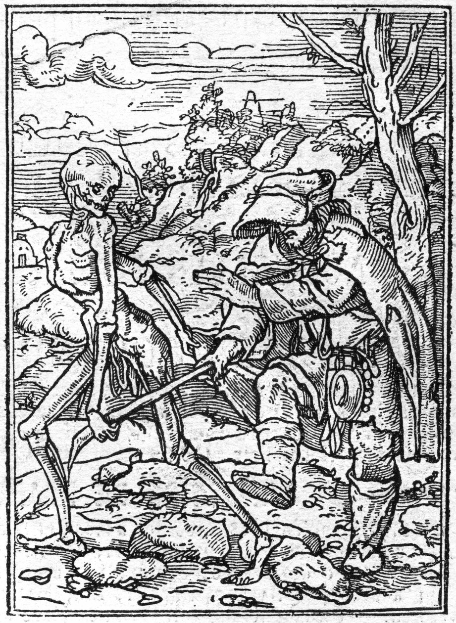 Ifjabb Hans Holbein (1497-1543): a vakok halálának szimulákonjai. A halál megragadja a vak botját, és vezető szerepet tölt be. Metszés. alkotó: Hans (after) Holbein the Younger