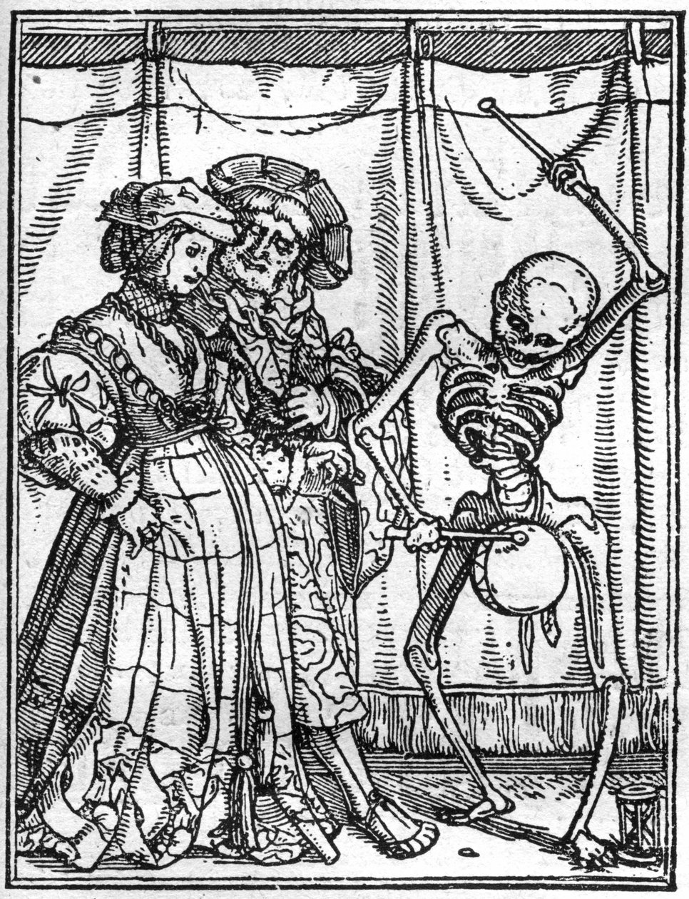 Ifjabb Hans Holbein (1497-1543) halálának szimulákonjai: a férjek. A halál dob egy pár előtt. Metszés. alkotó: Hans (after) Holbein the Younger