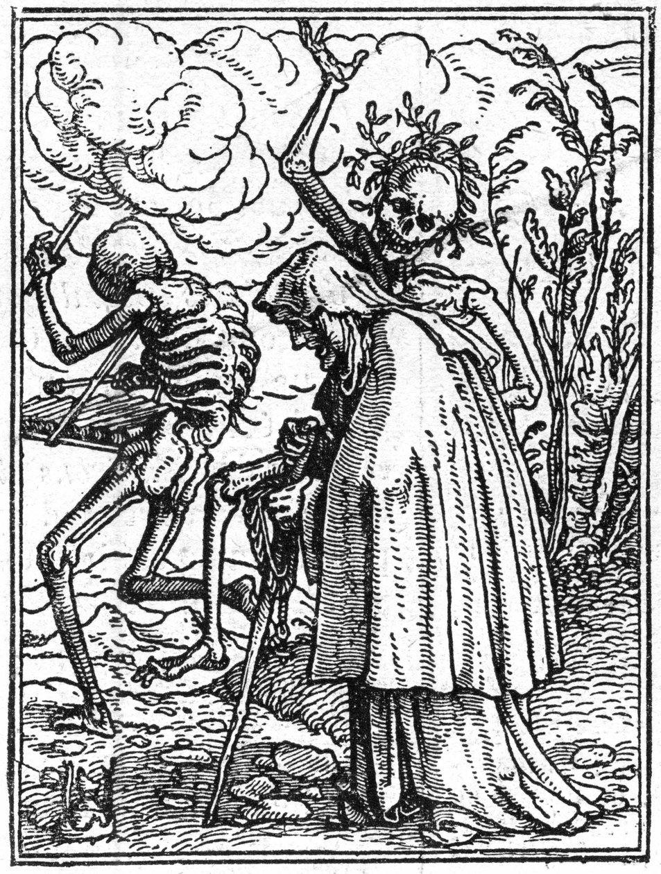 Ifjabb Hans Holbein (1497-1543) halálának szimulákonjai: a régi. A halál elkísér egy idős hölgyet a sorsába. Metszés. alkotó: Hans (after) Holbein the Younger