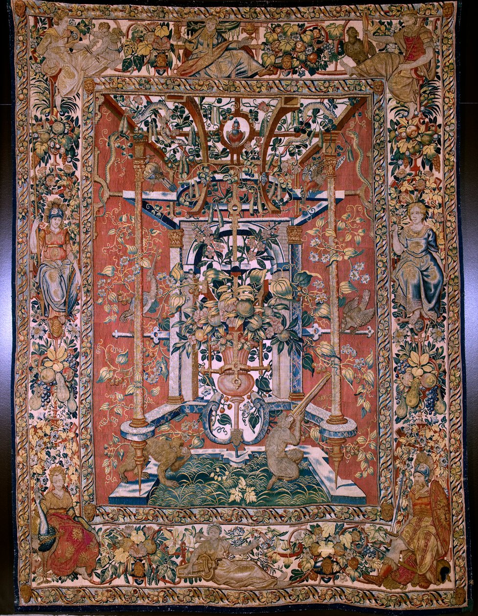 Flamand kárpit. Groteszkek majmokkal sorozat: Arquebusszal lövöldöző majmok. Hans Vredeman de Vries (?) karikaturista. Atelier Seger Bombeck, Brüsszel. 1542-1560. alkotó: Hans (after) Vredeman de Vries