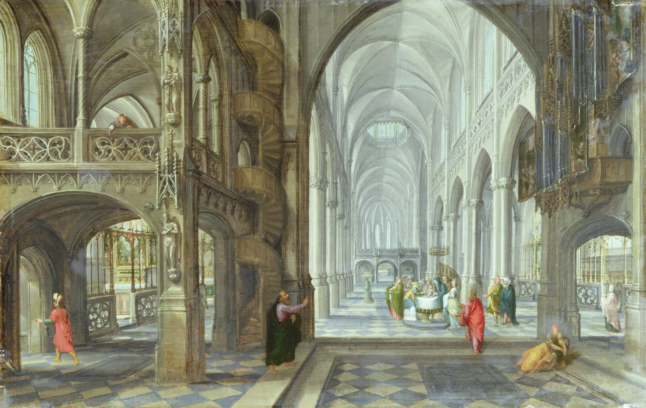 Egy gótikus templom belseje Krisztus körülmetélésével a főfolyosón, 1600 körül (olaj, vászon) alkotó: Hans (after) Vredeman de Vries