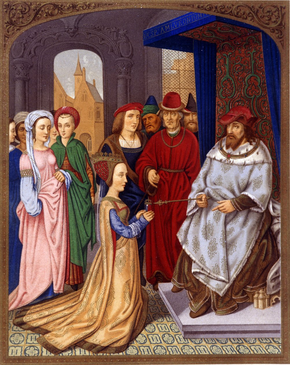 Sába királynője Salamon előtt – Grimani bíboros Memlingnek tulajdonított breviáriumának miniatűrje, Biblioteca Marciana, Velence. alkotó: Hans (attr.to) Memling