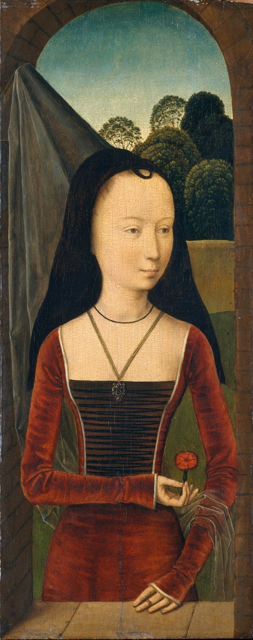 Fiatal nő rózsaszínben, 1485-90 körül (olaj, fa) alkotó: Hans (attr.to) Memling