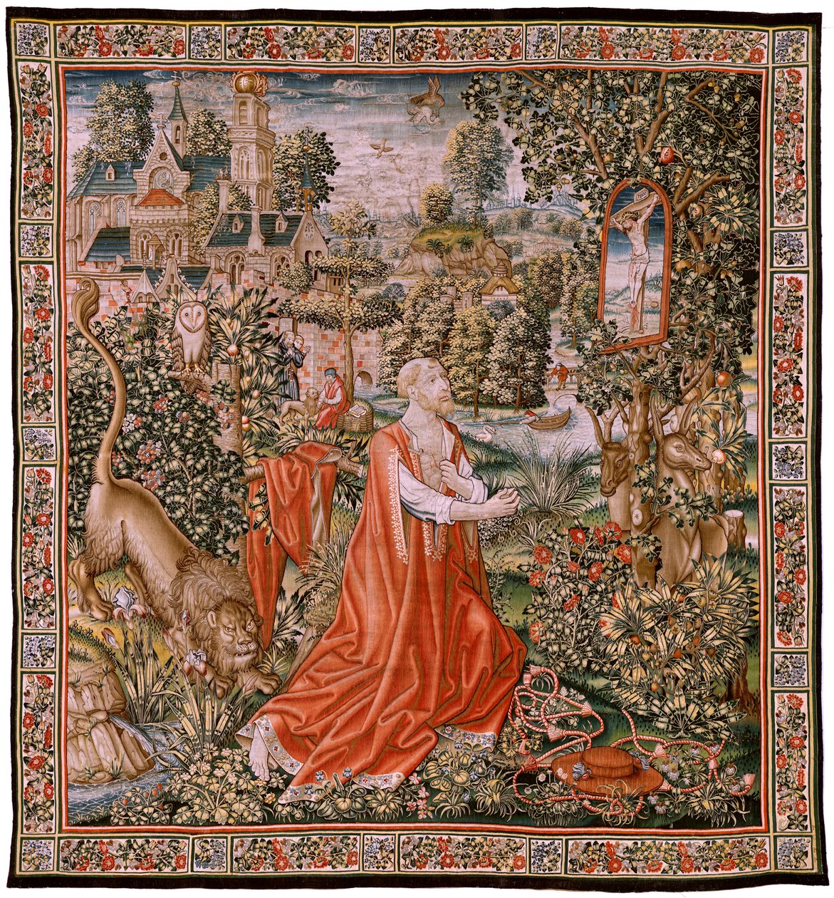 Flamand kárpit. Szent Bűnbánó Jeromos, vagy Szent János. Jeromos a sivatagban (St. Jerome the Penitentiary, vagy St. Jerome in the Desert). Models Cartoon Hans Memling (kb. 1433-1493) vagy Gerard David (kb. 1450-1523). Gyártó Unknown Weaver, alkotó: Hans (school of) Memling