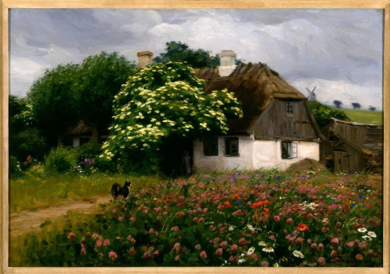 H.A. Brendekilde, virágos rét a tanyán alkotó: Hans Andersen Brendekilde