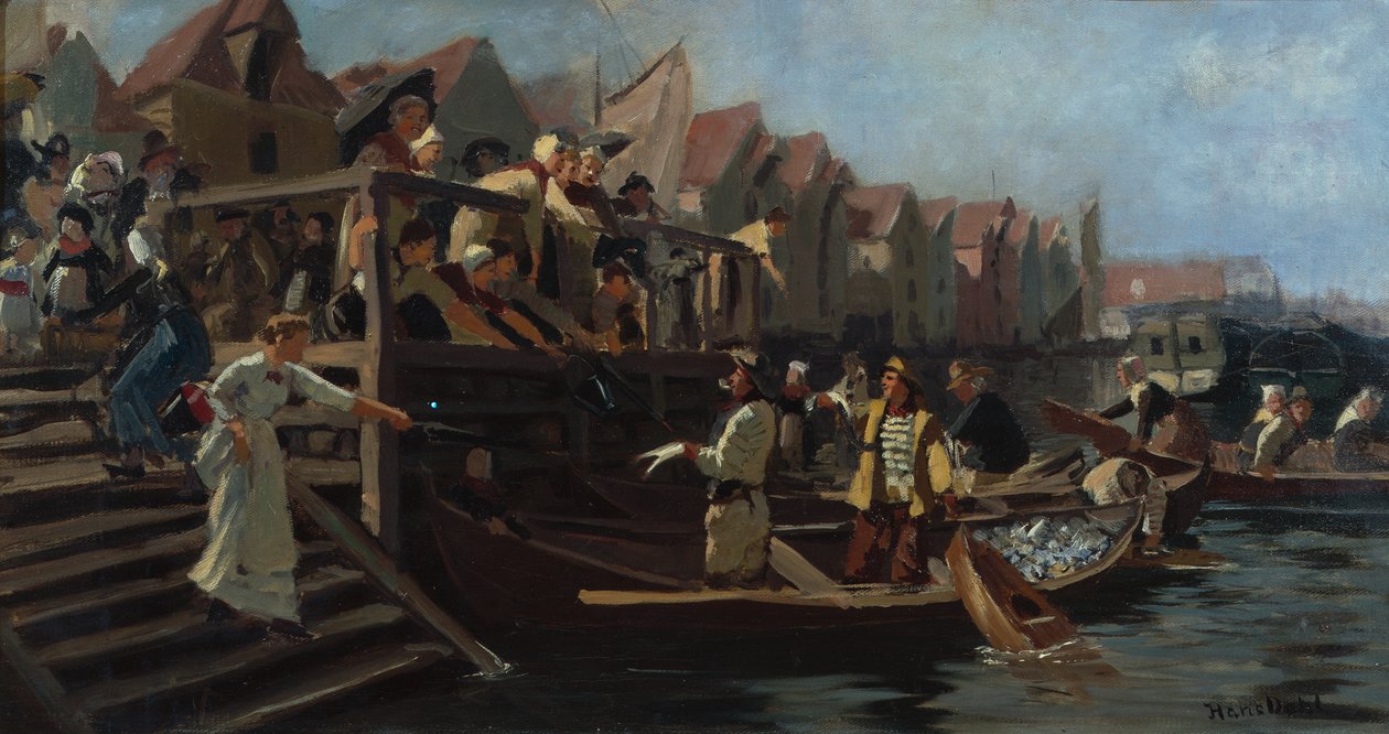 Licitálás a halpiacon, Bergeni háromszög (olaj, vászon) alkotó: Hans Andreas Dahl