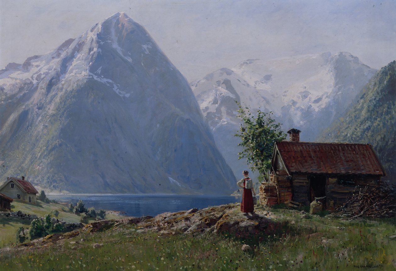 Lány a fjord tájban (olaj, vászon) alkotó: Hans Andreas Dahl