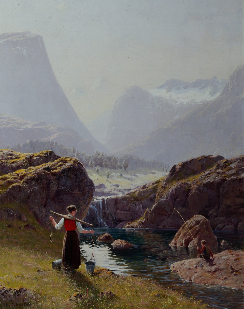 Lány vödör vízzel és horgászfiú (olaj, vászon) alkotó: Hans Andreas Dahl