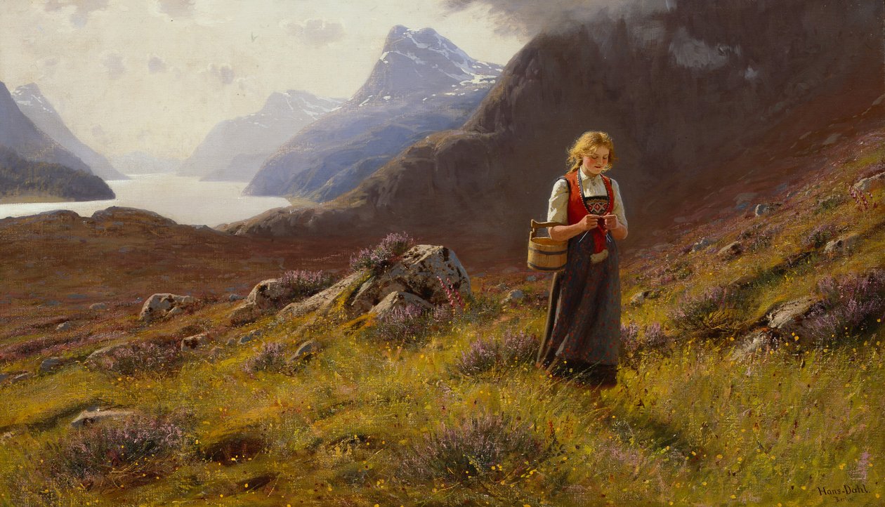 Knitting Dairymaid (olaj, vászon) alkotó: Hans Andreas Dahl