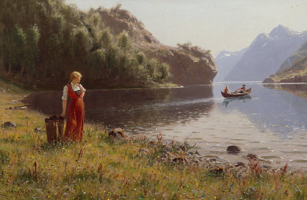 Nő a fjordi tájban (olaj, vászon) alkotó: Hans Andreas Dahl