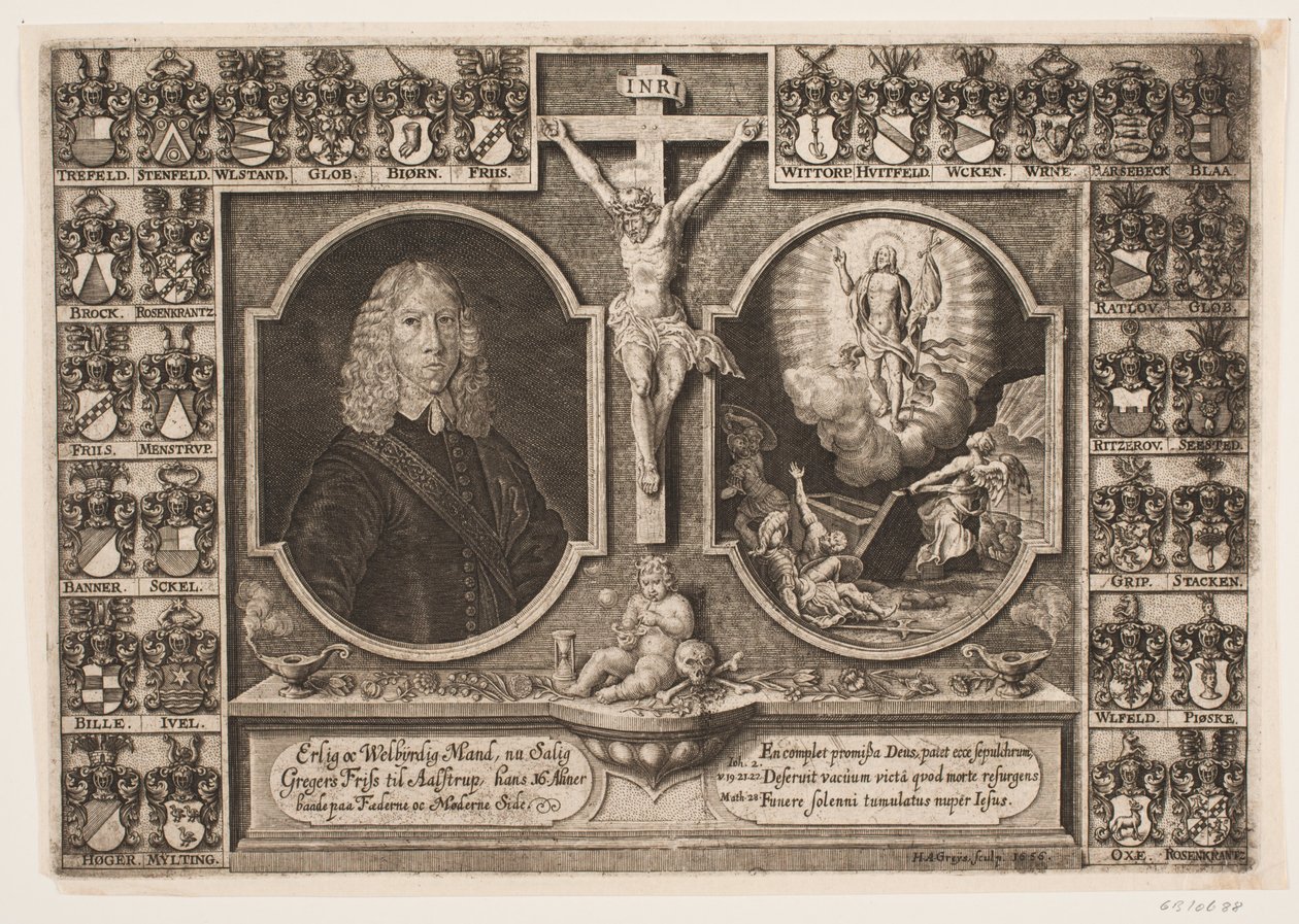 Gregers Friis Ålstrupnak, valamint Krisztus a kereszten és Krisztus feltámadása. Pajzsokkal körülvéve alkotó: Hans Andreas Greys