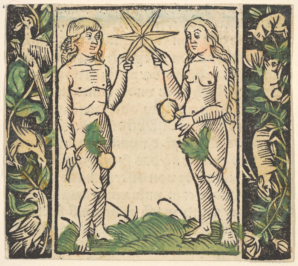 Ádám és Éva csillagot tartva, illusztráció a Decided Gart des Rosary Mariae-ból. alkotó: Hans Baldung