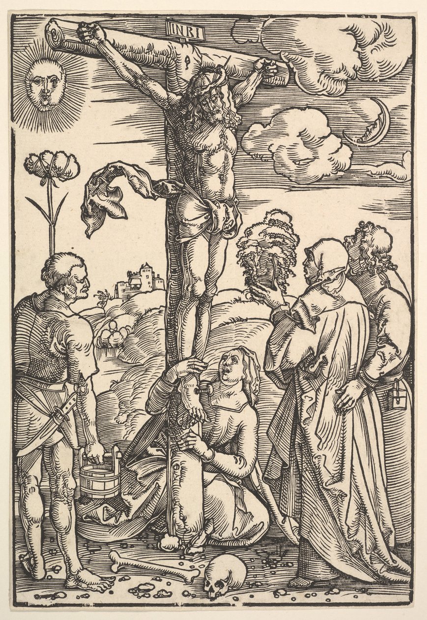 Krisztus a kereszten a Szűzanyával és Longinusszal, Mária Magdolnával és Jánossal, 1505. alkotó: Hans Baldung