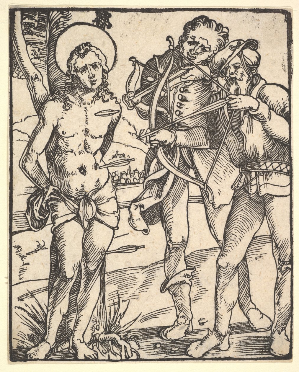 Szent Sebestyén vértanúhalála két számszeríjjal. alkotó: Hans Baldung