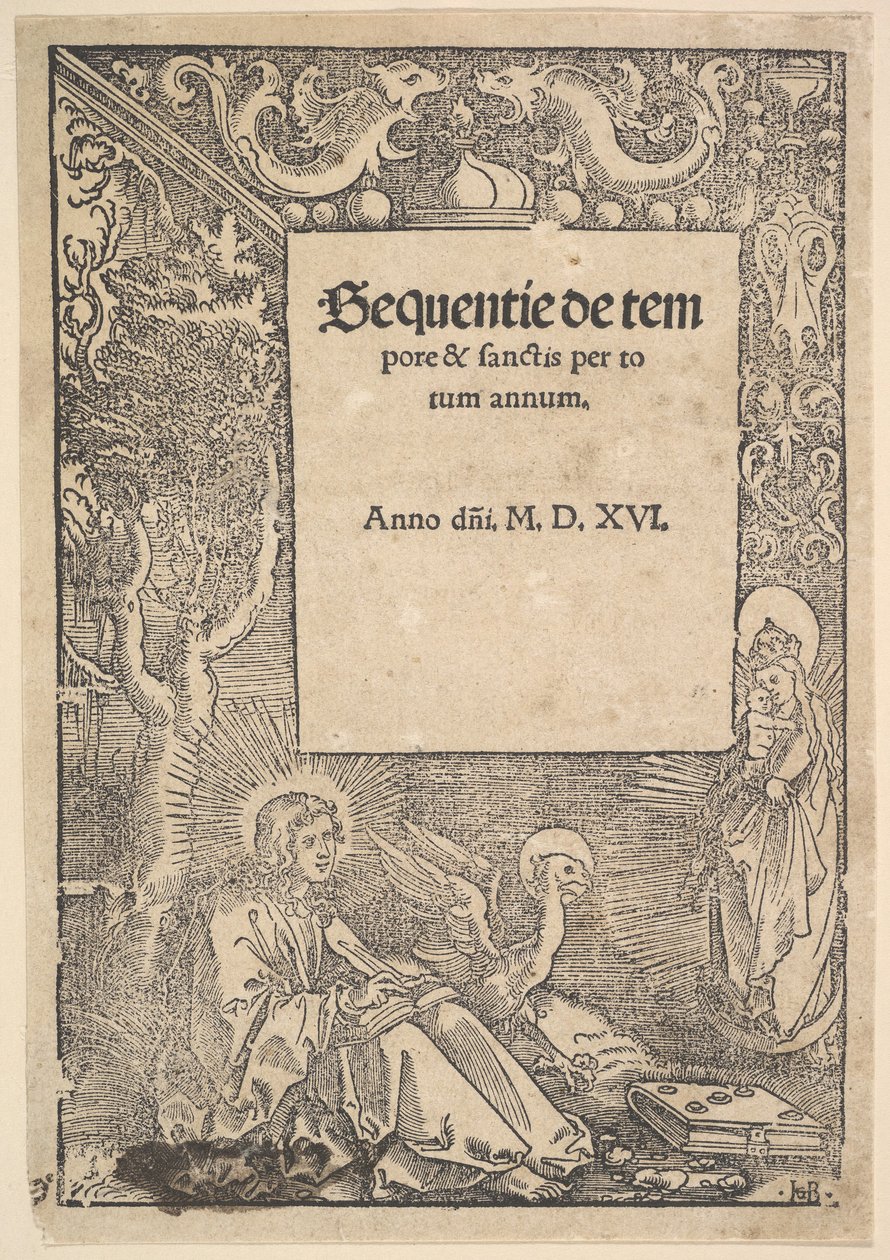 Szent János evangélista Patmoszon, címlap a Hymni de tempore et de sanctisból, 1516 alkotó: Hans Baldung