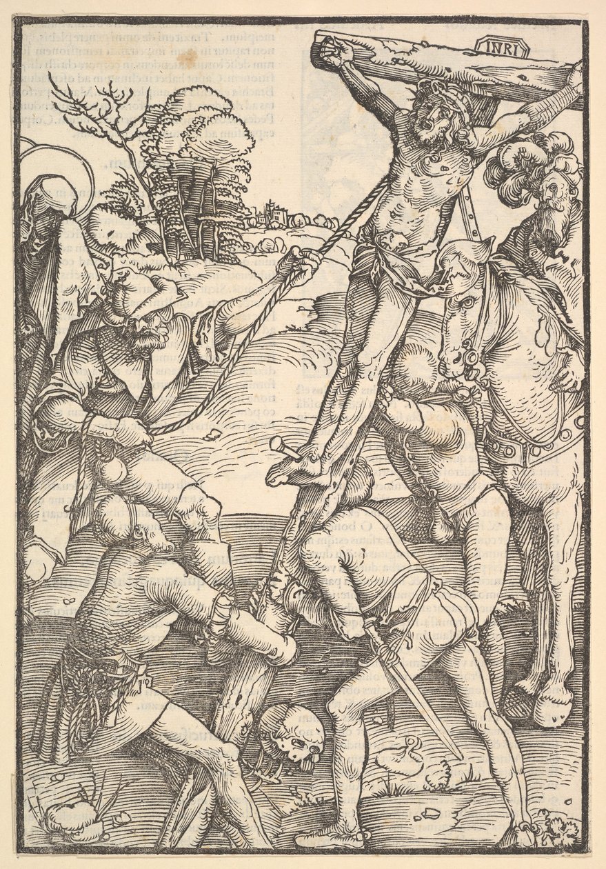 A kereszt felvonása, verso: The Raising of the Cross, a Speculum Passionis Domini ..., 1507-ből. alkotó: Hans Baldung