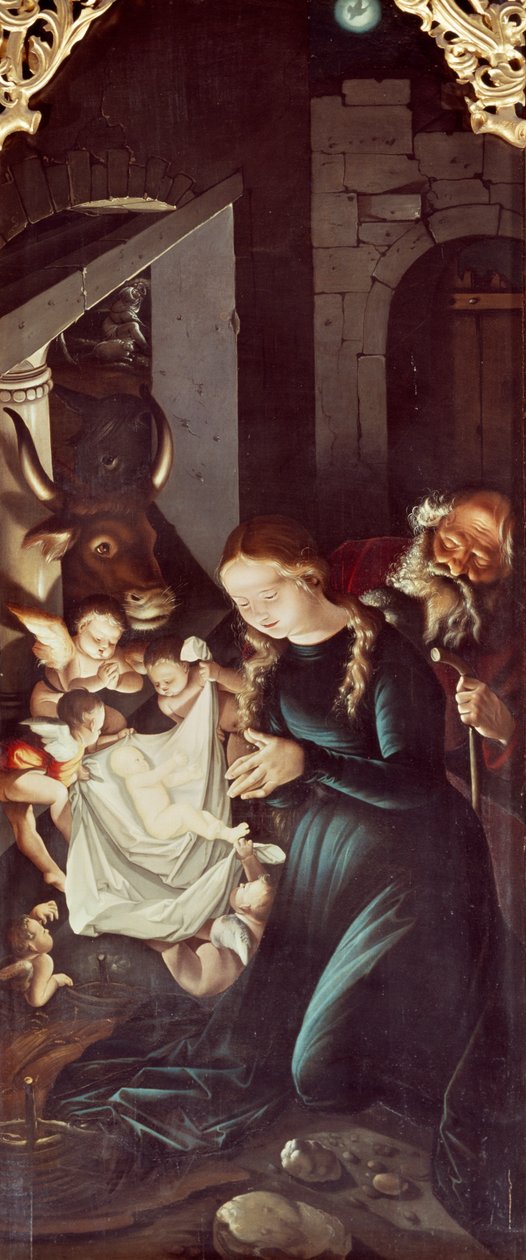 Jézus születése, a Szűz történetei panelje, Hans Baldung (1484 vagy 1485-1545), Freiburgi katedrális oltárképe alkotó: Hans Baldung Grien