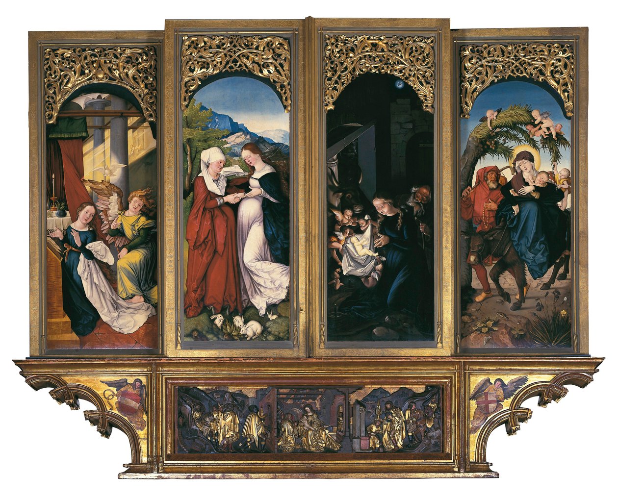 Jelenetek a Szűzanya életéből: az Angyali üdvözlet, a Látogatás, a Születés és az Egyiptomba való menekülés. Hans Baldung dit Grien (1485-1544) festménye fára a Freiburgi Szűzanya-székesegyház oltára Freiburg im Breisgau, Németország (festmény w alkotó: Hans Baldung Grien